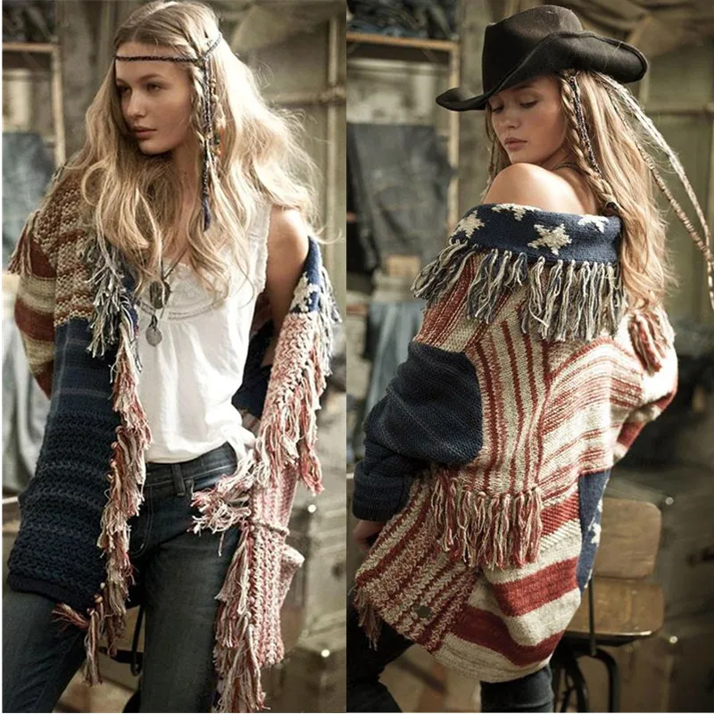 New fringed long cardigan hit color stars striped knit sweater coat women's autumn |