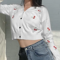 women fashion sexy single breasted coat cardigan knitted cherry embroidery long sleeve v neck cropped sweater tops retro diamond