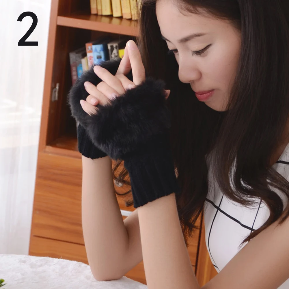 

Woolen Rabbit Fur Women Fingerless Gloves Knitting Wool Mittens Wrist Winter Gloves Soft Warmer Crochet Mittens Winter Female