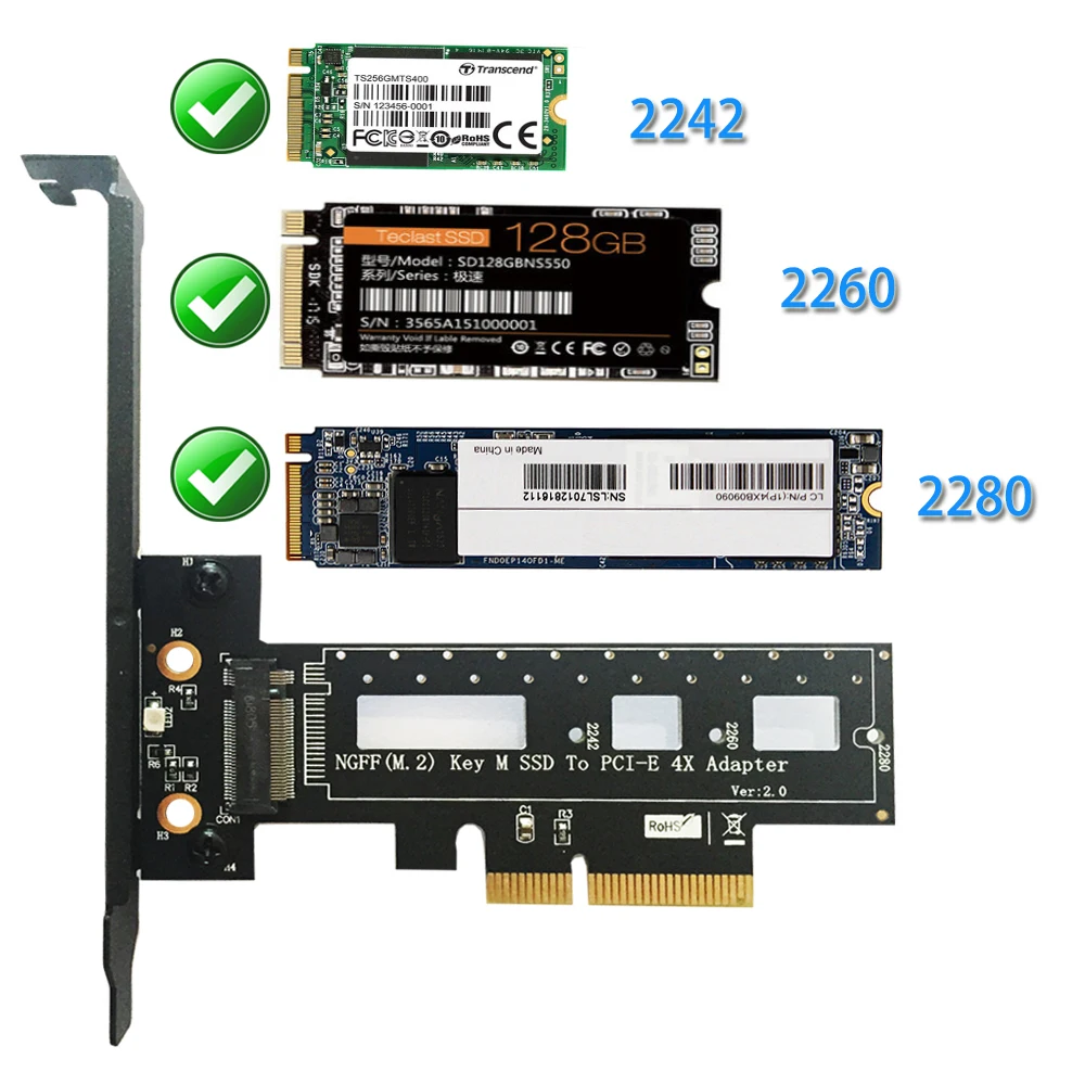 

M.2 NGFF PCI-e SSD to PCI Express 3.0 x4 Host Adapter Card - Support M.2 PCIe (NVMe or AHCI) Type 2242 2260 280