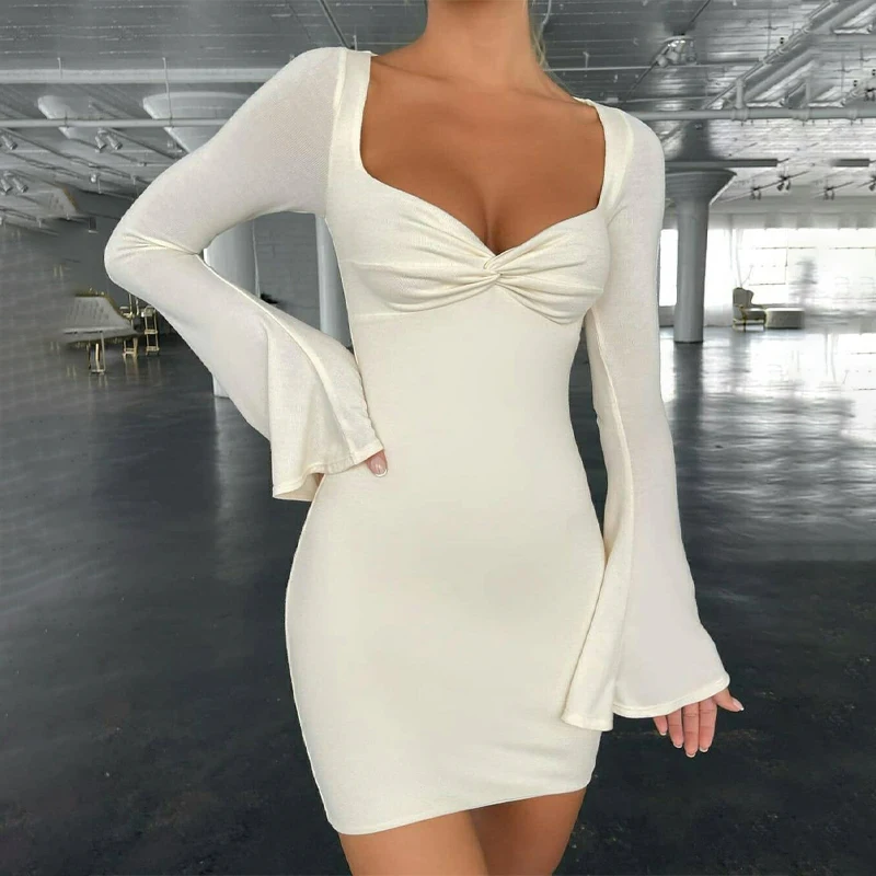 

2021 Autumn Winter Women Ruched Square Neck Flare Long Sleeve Mini Dress High Neck Bodycon Sexy Casual Streetwear Y2K