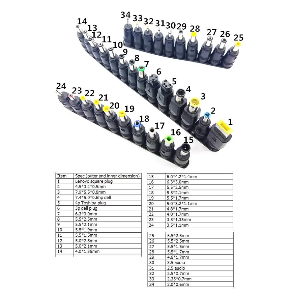 

Universal power adapter AC DC Jack Charger Connector Plug for Laptop Notebook AC DC Power Adapter DC Conversion plug 34pcs