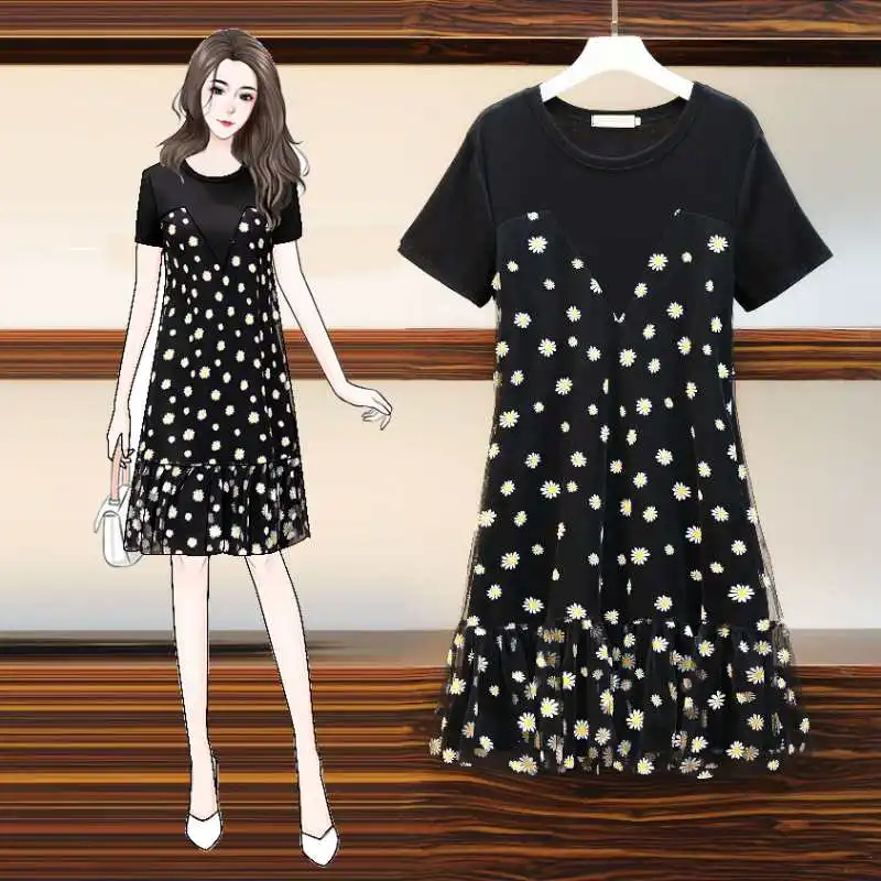 

2021 Fashion Summer O-Neck Printed A-Line Dress Women Patchwork Ladies Dresses Vestidos Woman T-Shirt Dress High Quality Clothes