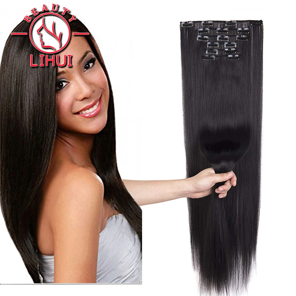 

Synthetic Long Straight Clip in Hair Extensions Women Fake False Hair Pieces Ombre Black Brown Blonde Styling Hair 24"6Pcs lihui