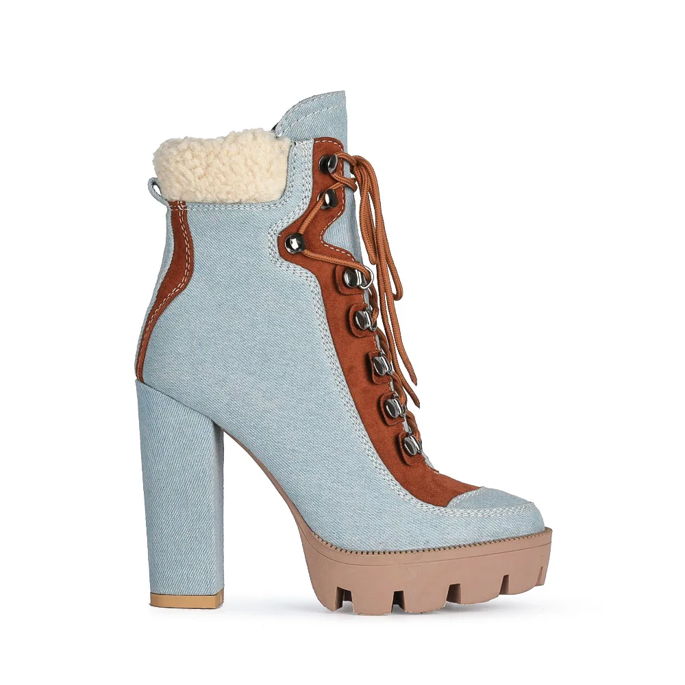 

2020 new large women's high heel platform ankle boots sky blue denim