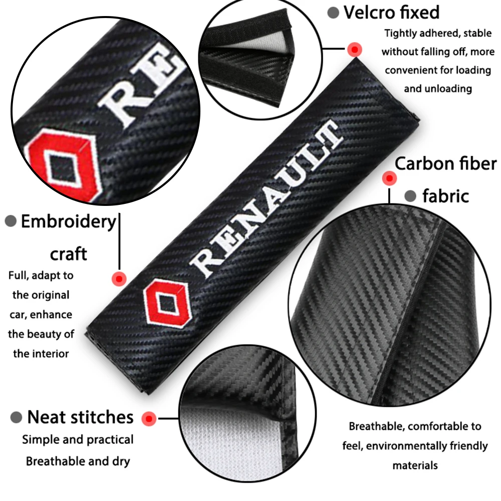 

VEHICAR 2PCS Carbon Fiber Car Seat Belt Cover Driver Shoulder Protector Vehicle Accessories for RENAULT Car Logo Knitting