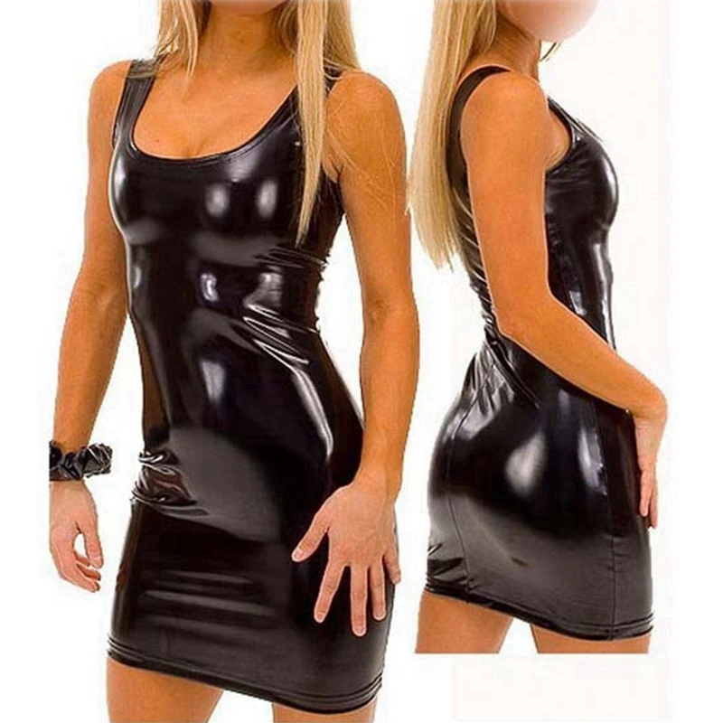 pu faux leather erotic club mini Dress Women wetlook Hot Sexy latex clubwear pvc Lingerie Catsuit shiny dress Pole costumes xxxl | Женская