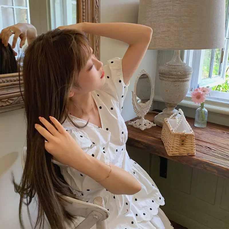 

Elegant Vintage Dress Female Dot Puff Sleeve V-Neck Fairy Dress for Women Kawaii Design One Piece Dress Korean Summer 2021 Chic
