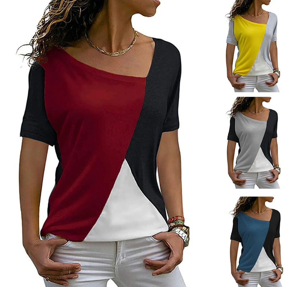 

Новое поступление, тонкие летние повседневные женские футболки, модная Лоскутная облегающая Асимметричная Женская одежда с коротким рукав...