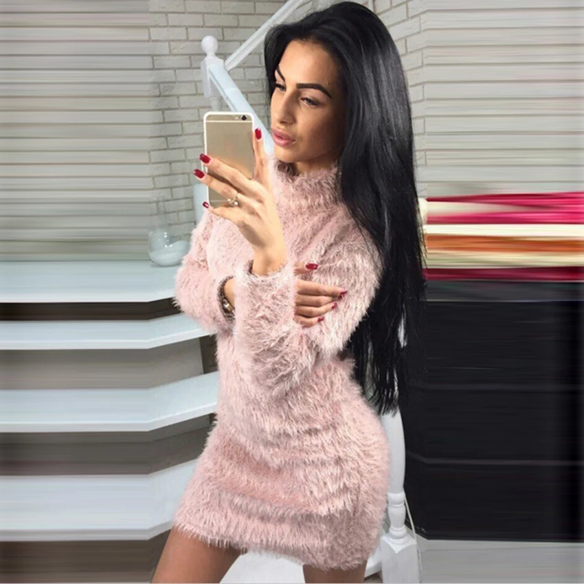 Осень зима 2019 женское платье свитер пушистое повседневное Модное теплое с