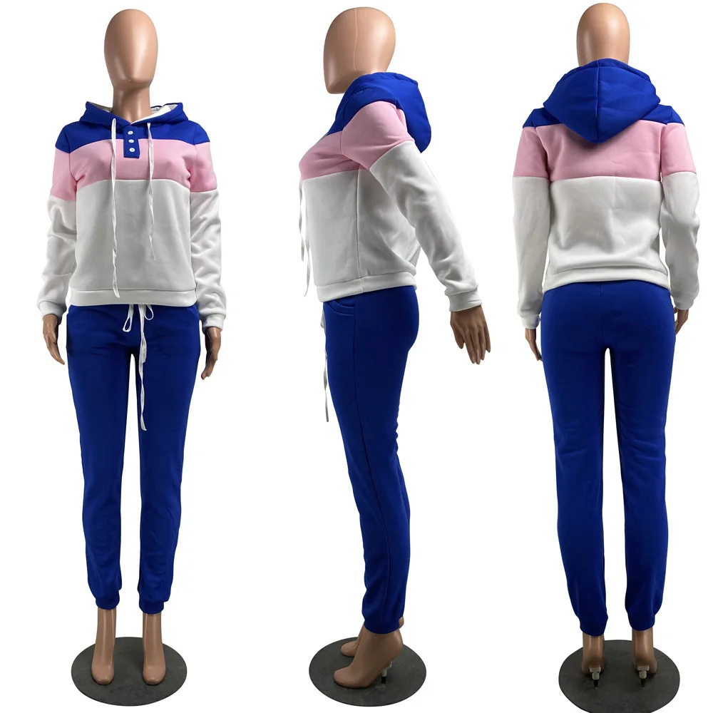 

2021 spring new fashion splicing leisure sports two piece loose hooded long sleeve sweater and trousers women's suit