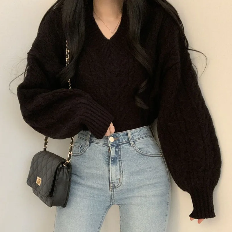

Women's Oversized Knitting Pullover Sweaters Solid V-Neck Lantern Sleeves Knitted Jumper Fashionable Knitwear Winter Spring 2021