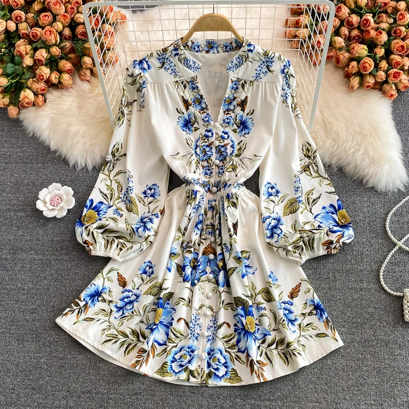 

YIZZHOY New Spring Autumn Women Long sleeve high waist thin single breasted medium length V-neck Floral Printed Dress