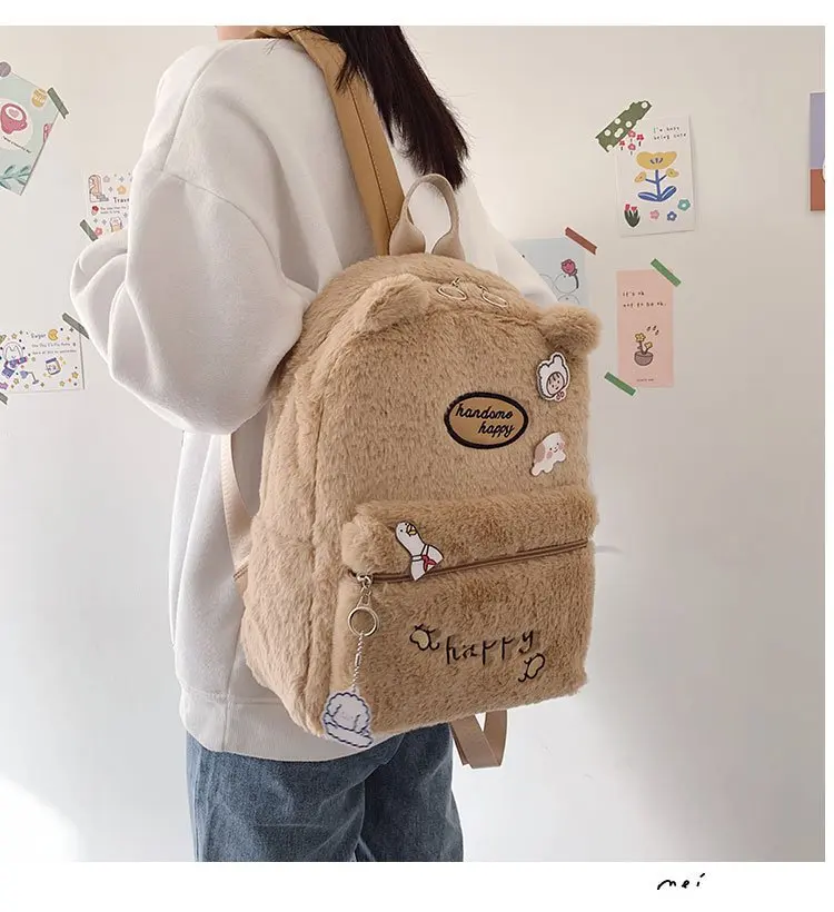 

New 2021 Fashion Plush Backpack Women Letter Embroidery Lovely Ears Backpacks Small Bags Mochila Feminina Bagpack Bolsa Mujer