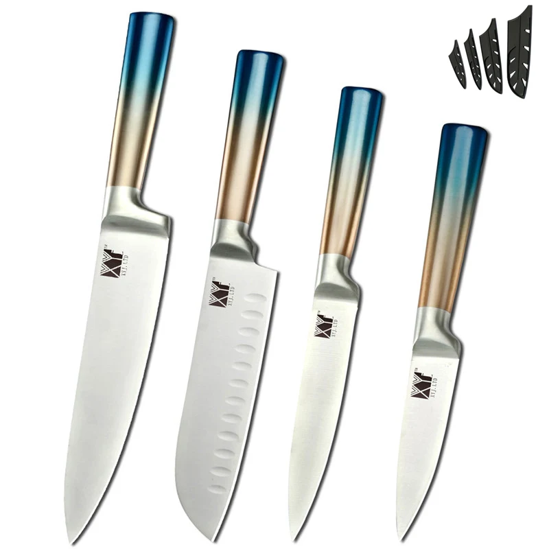 C. 4 PCS Set XYj шеф-повара из нержавеющей стали 8 комплект ножей 8 ''Держатель ножей острое лезвие градиентная цветная ручка Santoku утилита для нарезки хлеба - Цвет: C. 4 PCS Set