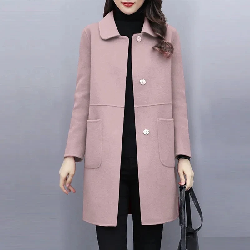 

Womenâ€˜s Square Neck Wool Coat 2021 Woman Autumn Winter Mid-Length Plus Fleece Coat Slim Solid Color Woolen Jacket Female B41