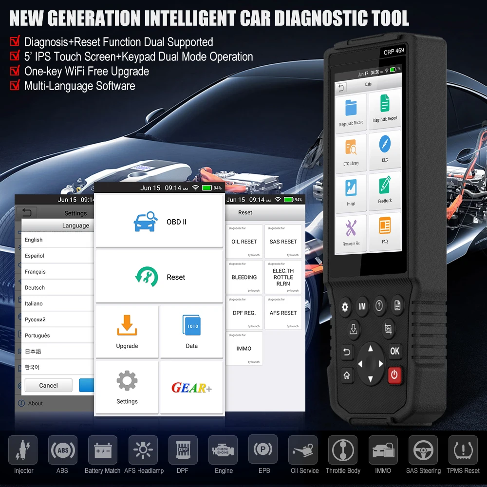 Запуск CRP469 OBD II Автомобильный сканер OBD2 авто код считыватель многоязычный ABS EPB DPF