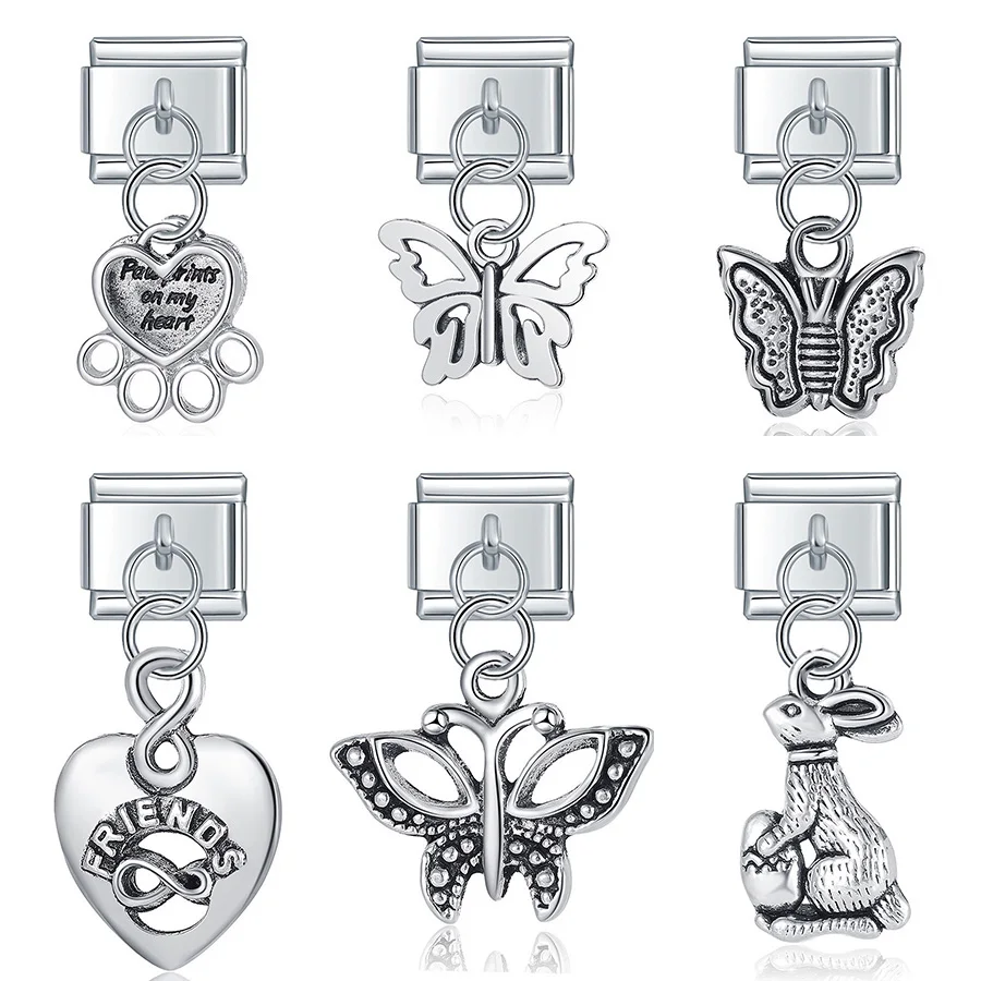 

Hapiship 2021 Fashion Butterfly Rabbit Heart Claws Italian Links Charm Fit 9mm Stainless Steel Bracelet Jewelry DIY Making DJ390