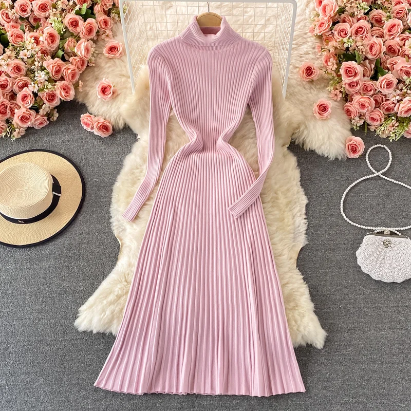 

Fashion Casual Pleated Knitted Sweater Dress Women Long Sleeve Elastic Autumn Winter Midi Pullover Dresses