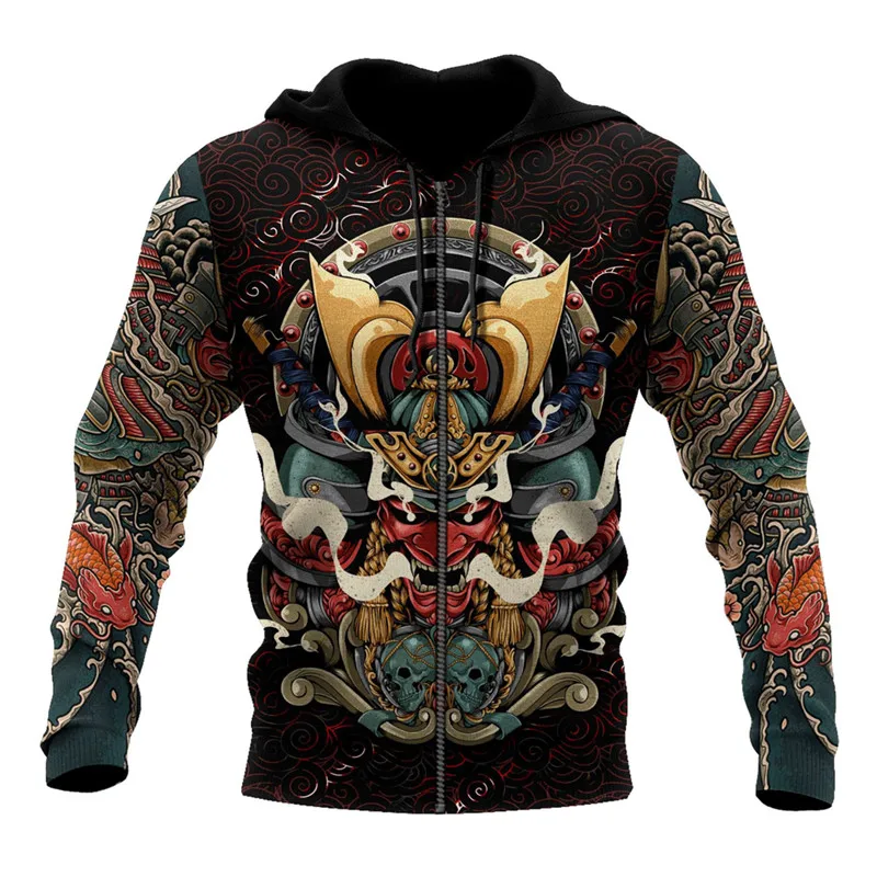 Новинка осенняя мужская Толстовка Oni с 3D принтом самурайского тату на молнии