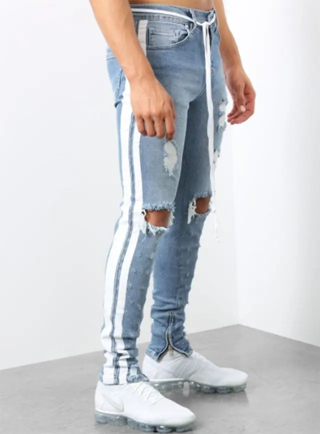Мужские стильные рваные джинсы мужские узкие брюки прямые потертые джинсовые