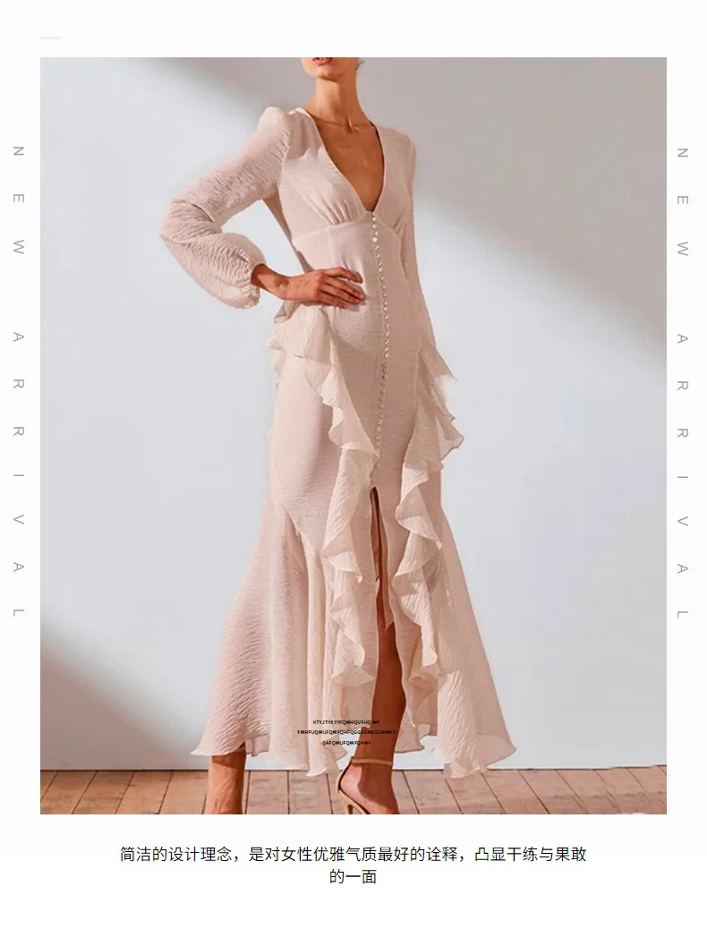 

Dresses for WomenVestido midi 2021 Spring New Elegant and Sexy V-neck Lantern Sleeves Long Sleeve Loose Long Dress 27920