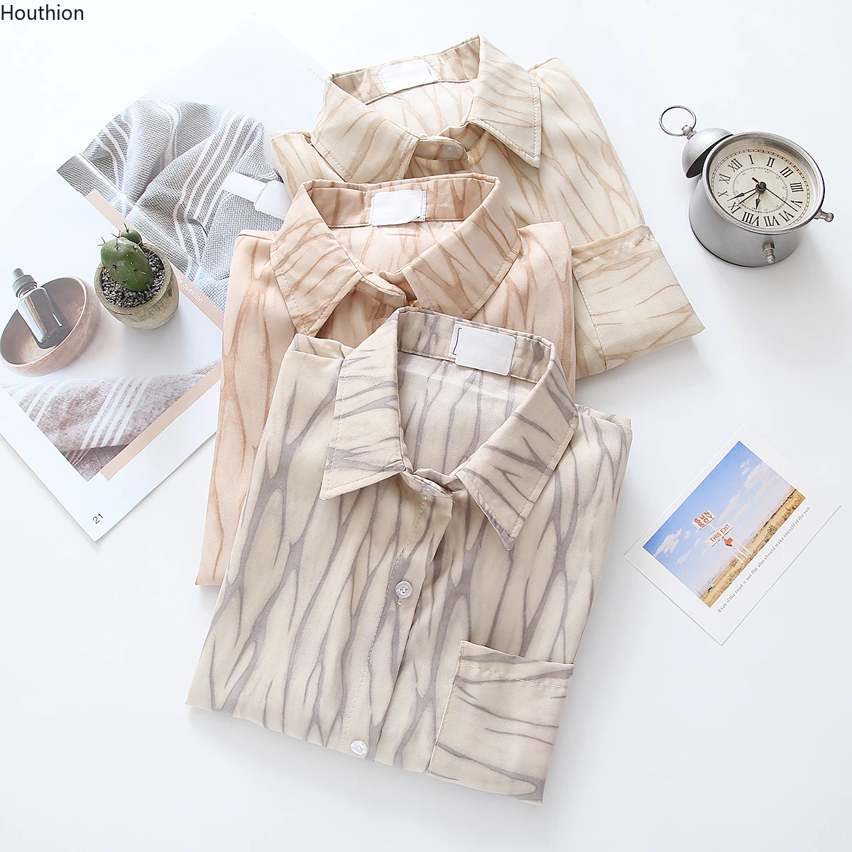 

Women's Blouses Chiffon Polo Shirts Casual Shirt Plus Size Loose Top Print Tops New Long Sleeve Summer Lady Blouse Houthion