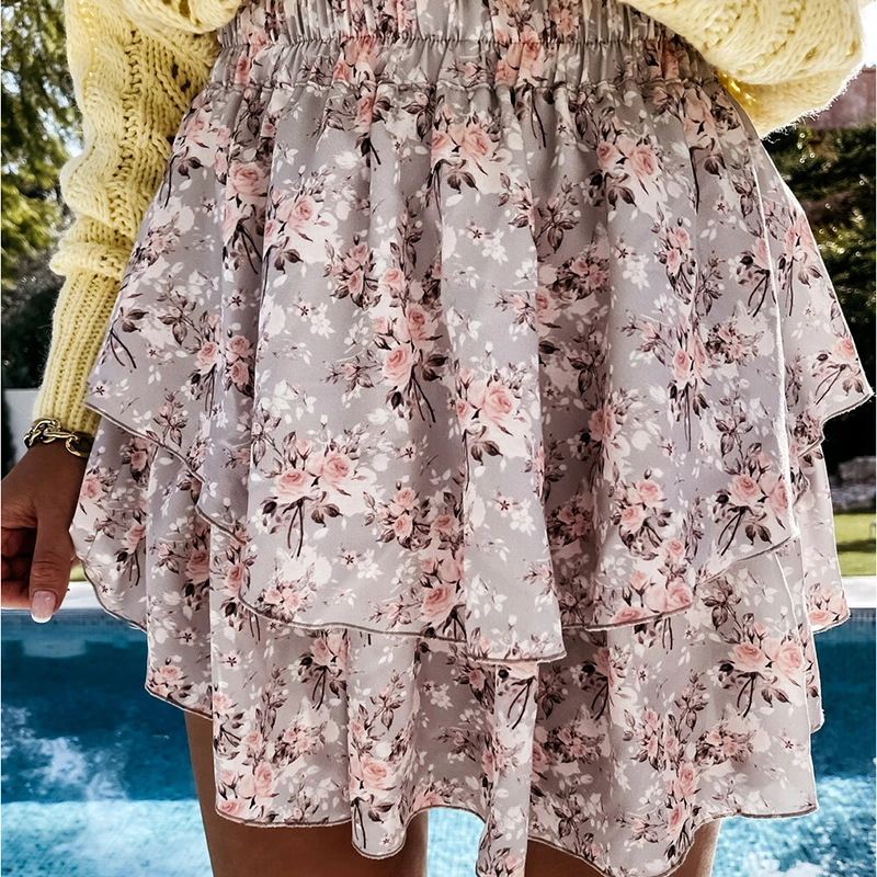 MOARCHO 2021 Summer New Ladies Chiffon Short Skirt Double-Layer Floral Printed Short Skirt Fashionable Sexy Casual