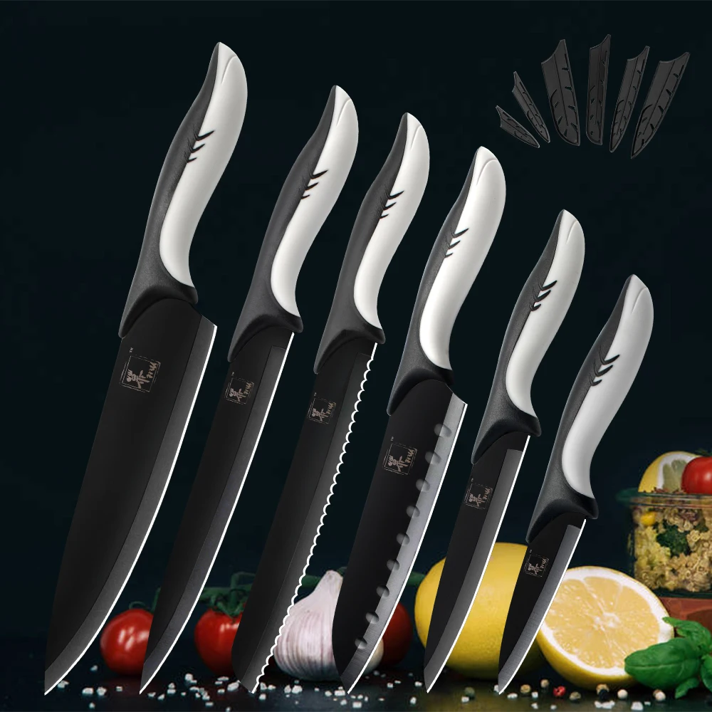 

Pro 6PCS Knives Set Stainless Steel Blade Black Knife Tool Chef Slicing Bread Santoku Utility Paring Knifes With Plastic Handle