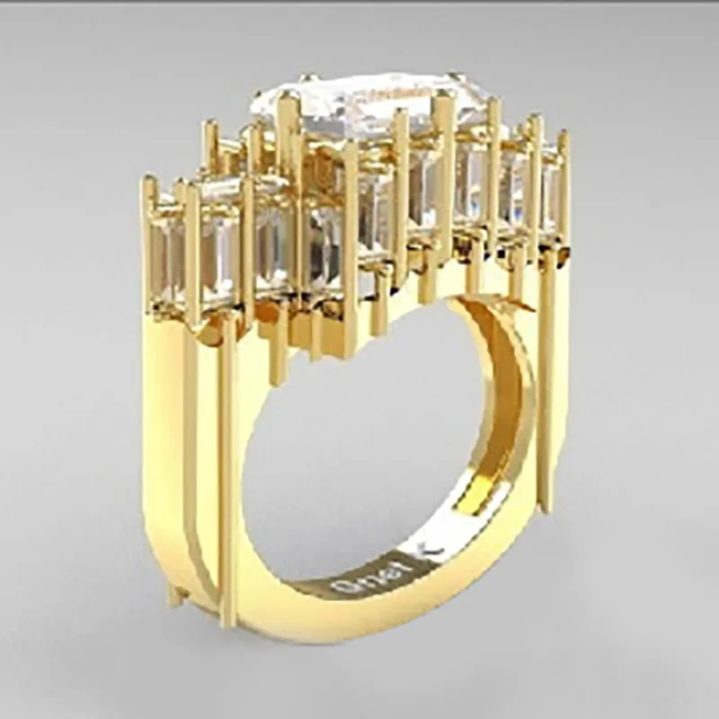 

Fashion Creative Personality Luxury Exaggerated Golden City Wall Geometric Inlay Zircon Ring for Women Jewelry