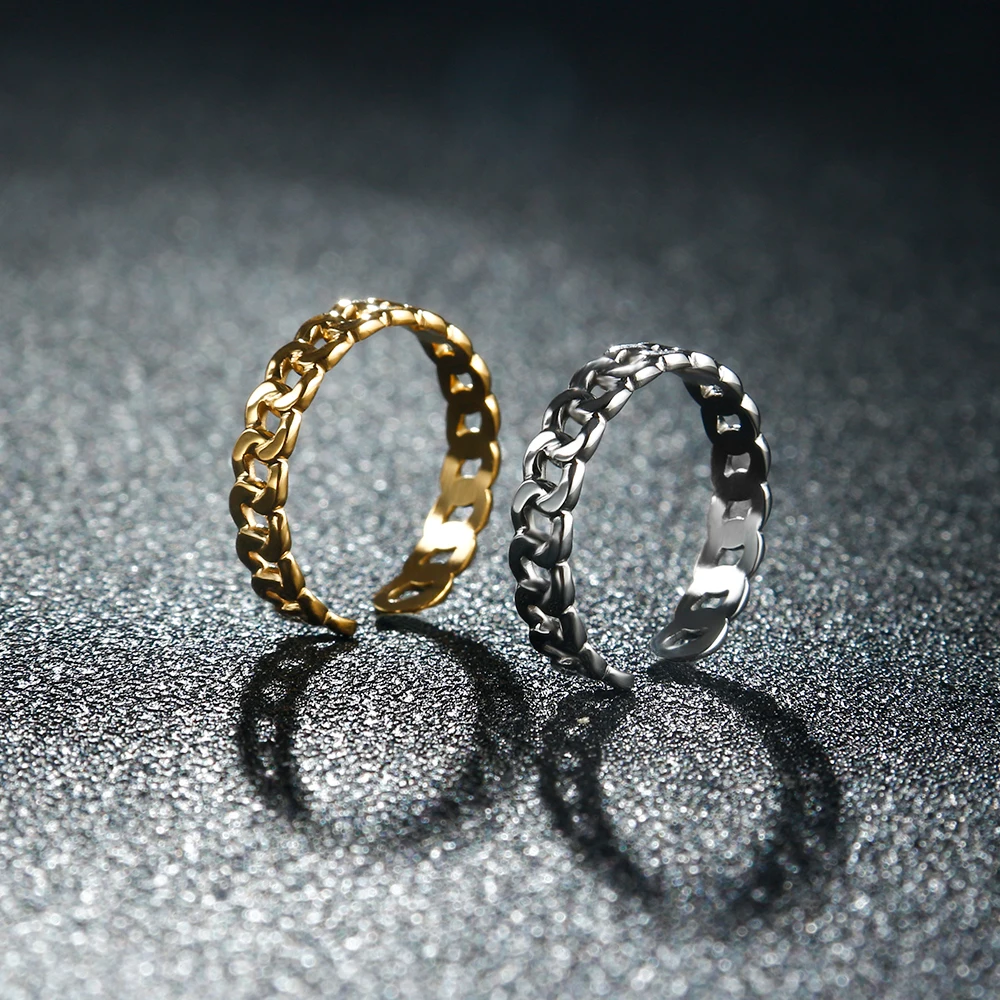 

Stylish Cuban Curb Chain Shape Link Ring for Women Men Stainless Steel 18K Gold Plated Chunky Chain Simple Gothic Ring Jewelry