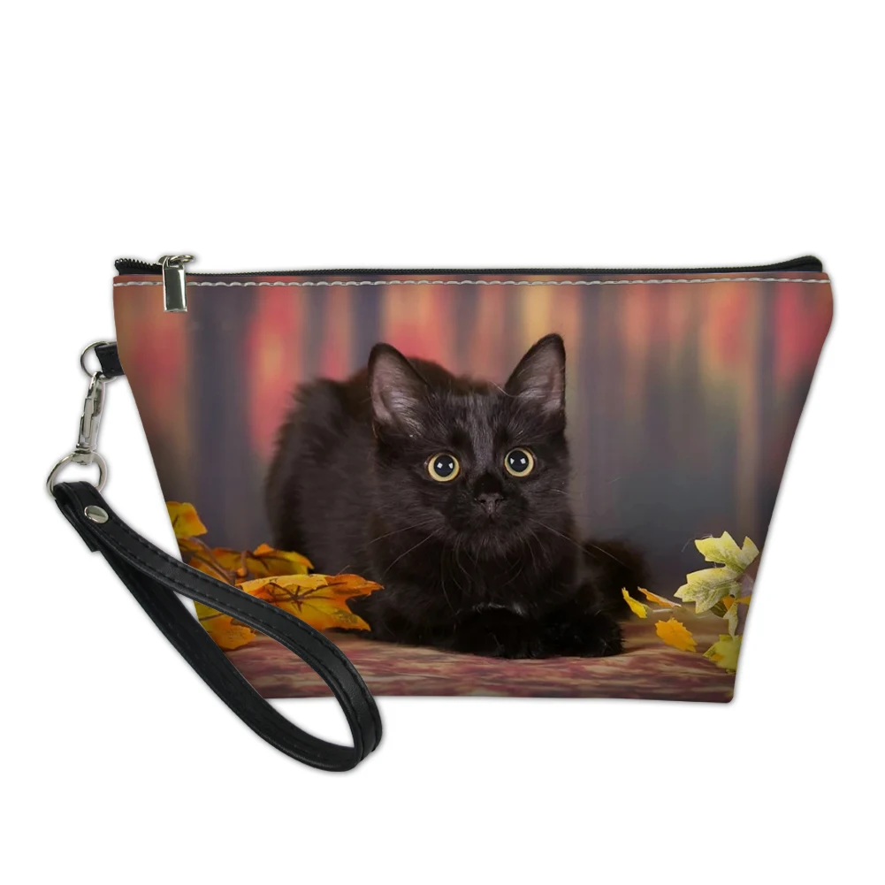 HaoYun PU Leather Women's Cosmetic Bags Flower Black Cats Pattern Travel Make Up Necessaries Cartoon Animal Pouch Toiletry Kit | Багаж и