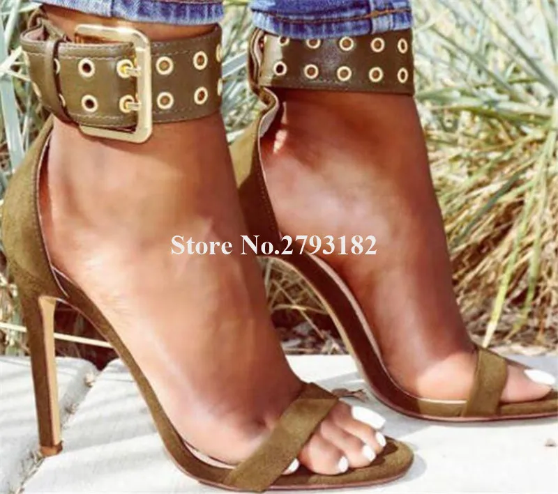 

Fashion Women Open Toe One Strap Suede Leather Stiletto Heel Gladiator Sandals Army Green Buckle High Heel Sandals Dress Heels