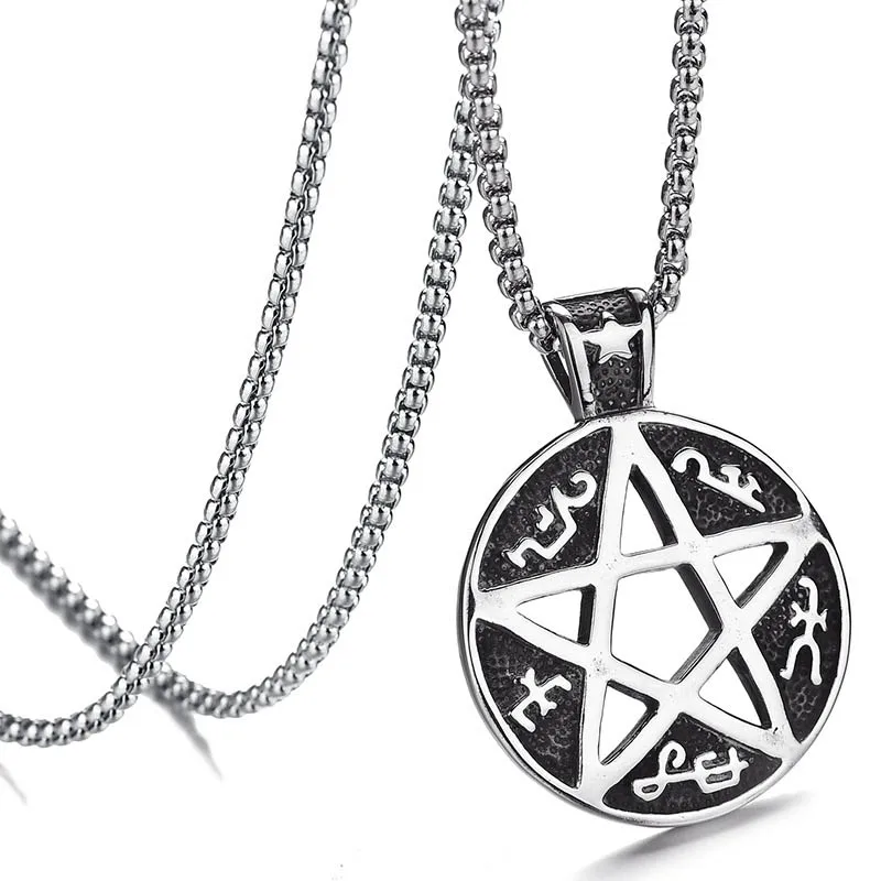 Viking Totem Rune Necklace Round Pentagram Pendant for Men Boy Black Evil Force Religious Necklaces Stainless Steel