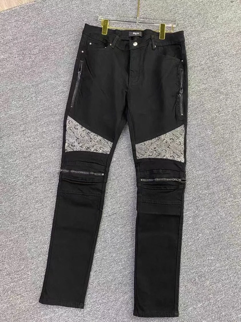 Flower Knee Cashew zip jeans for men street washed ripped high quality