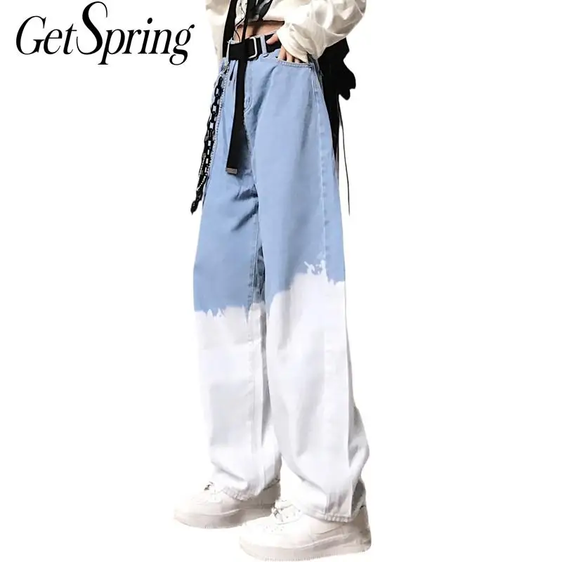 

GetSpring Women Jeans High Waist Wide Leg Jeans Patchwork Loose Casual Denim Pants Women Jean Trousers Fashion Denim Trousers