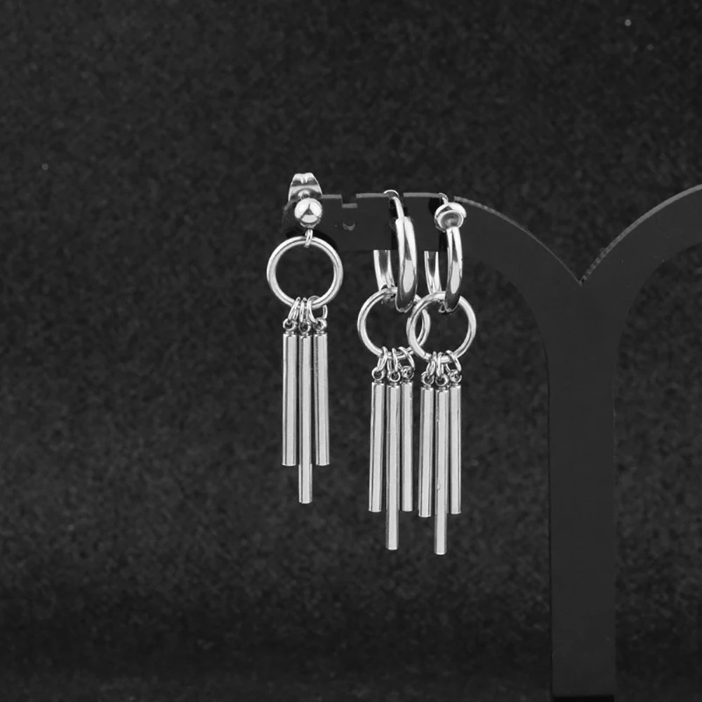 

1PC Stainless Steel Stud Earring For Women Men Long Round Bar Pendant Ear Clip Punk Party Gifts Hoop Earring