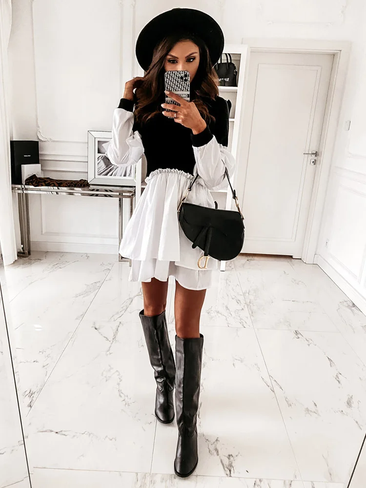 

Women Patchwork Ruffles Mini Dress 2021 Spring Casual Long Sleeve Party Dress Office Lady Stand Collar Shirt A-Line Dress