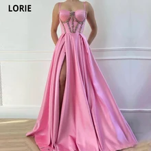LORIE – robe de bal en Satin rose, tenue de soirée formelle, bretelles Spaghetti, fente haute, cristaux, 2020  (4)