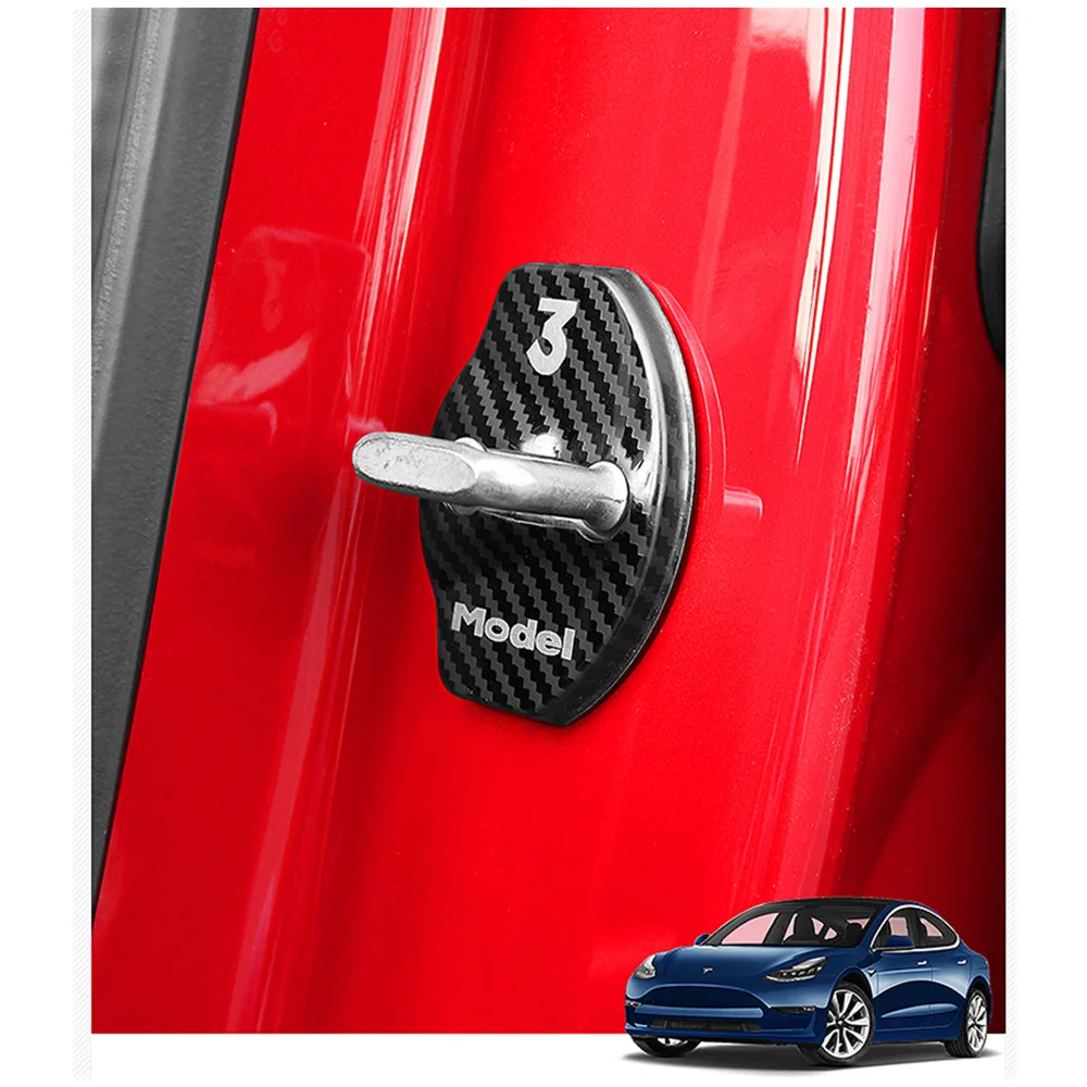 

4 PCS Car Door Lock Cover for Tesla Model 3 Y 2018-2021, Stainless Steel Door Lock Striker Buckle Cap Protection Carbon Fiber