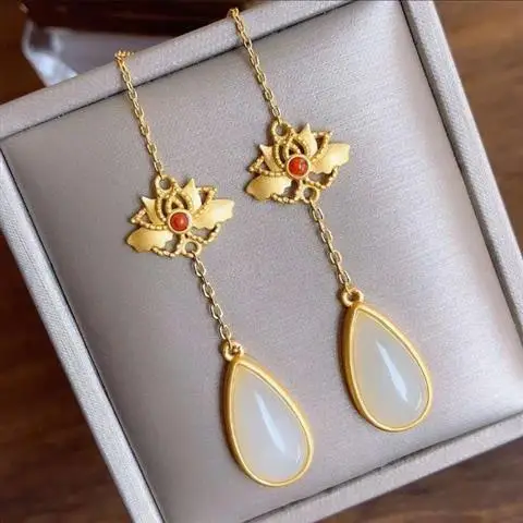 

Antique Eardrops Super Fairy Palace Style Hanfu Natural Hetian Jade Earrings Female S925 Sterling Silver Retro Hanging Earrings