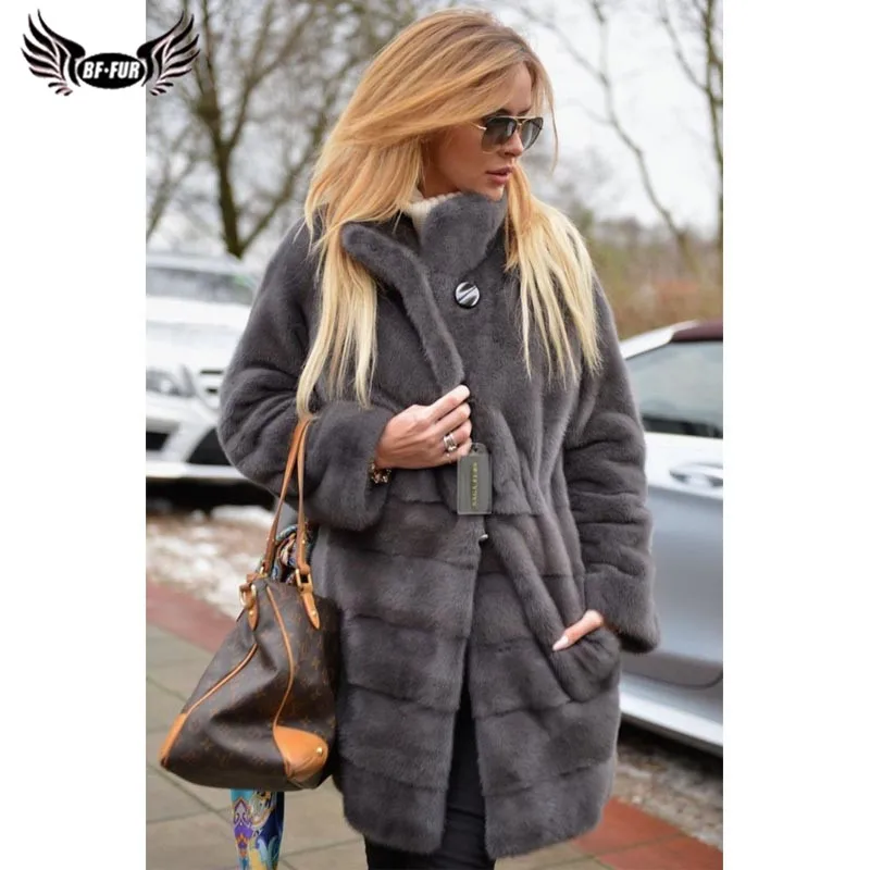 BFFUR Long Mink Fur Coats Real Women Winter Trendy New Stand Collar Grey Color Natural Mink Fur Coat Fashion Overcoats Luxury