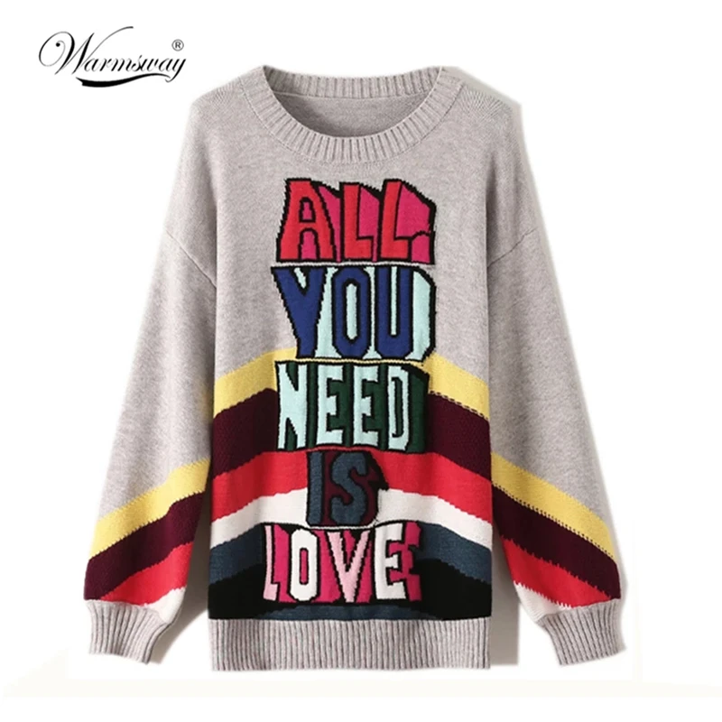 

Brand Designer 2021 Fall Winter Sweater Thick Warm Pullovers Fashion Rainbow Letter Jacquard Knitwear Women O Neck Tops C-043