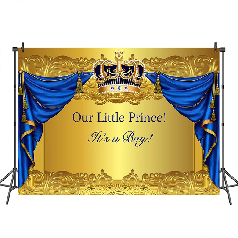Neoback Baby Shower Backdrop Royal Boy Prince Background Bule Curtain Gold Customized Backdrops для фотостудии|Фон