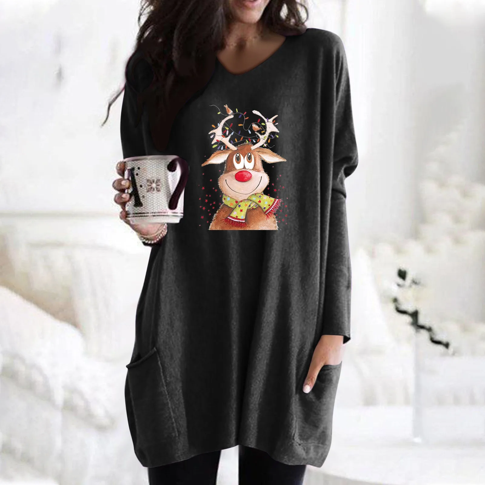 

Graphic V Neck Tees Women Casual Top Blouse V-neck Christmas Deer Print Women Shirts Long Sleeve Long Sleeve Black T Shirt Women