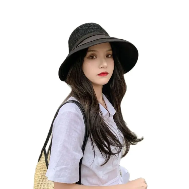 Japanese Pure Color Hollow Out Bowknot Bucket Hats Spring Summer Brand Wide Brim Cotton Mesh Hats For Women Fisherman Cap
