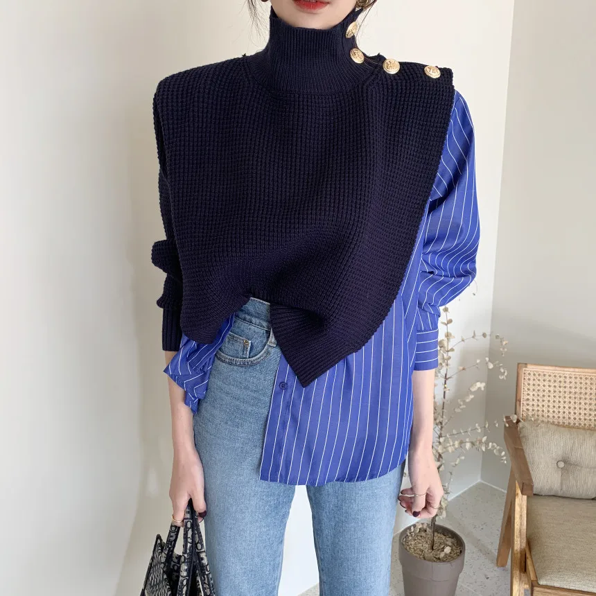 

HziriP 2021 New Autumn Winter Elegant Sweater OL Striped Stitching Turtleneck Pullovers Long Sleeve Loose Knitted Sweaters