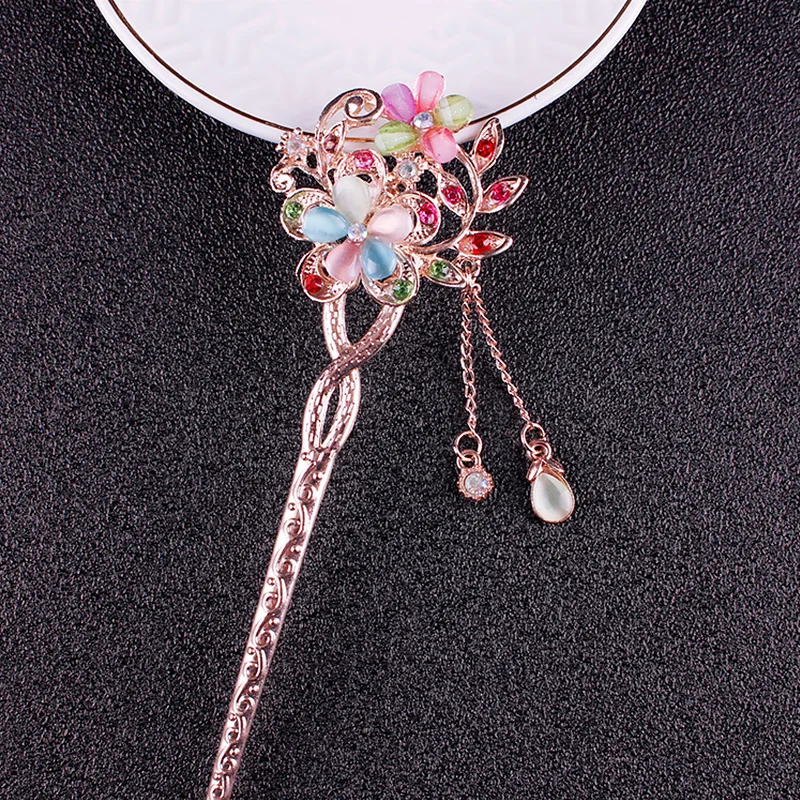 

Cat Eye Stone Hair Pin Double Flower Rhinestone Hair Stick Hair Clip Classical Hairpin Barrette Women Hair Accessories New