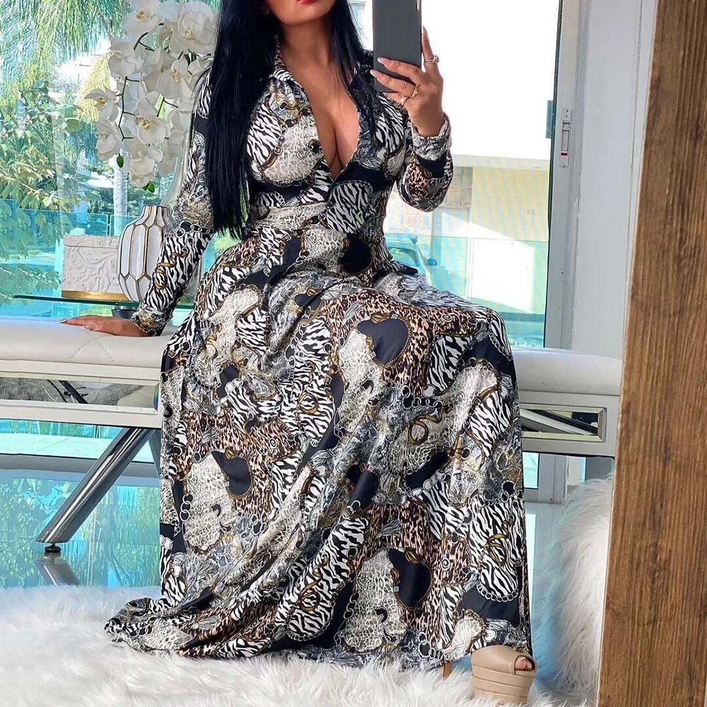 

Женское Повседневное платье с длинным рукавом, винтажное платье-туника трапециевидной формы с леопардовым принтом, Привлекательные длинны...