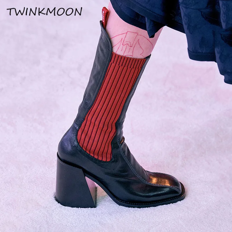 Ботильоны с квадратным носком женская обувь из натуральной кожи на высоком